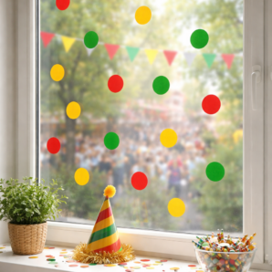 Statisch hechtende raamconfetti – Rood, geel & groen